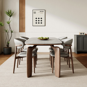 Scandinavian <b>Solid</b> <b>Wood</b> Rectangular Dining <b>Table</b> Walnut Color Matte Stone <b>Top</b> Modern Minimalist Dining Room Set 4 Piece - Product Image 4