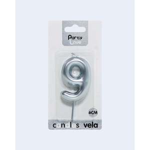 Bougie argentée numéro 9 Party Love, 6 cm, décoration de gâteau d'anniversaire - Product Image 1