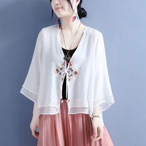 Women's Cotton Linen Embroidered Cardigan Pink Three Quarter Sleeve Chinese Style <b>Top</b> With Geometric Pattern - Product Image 3