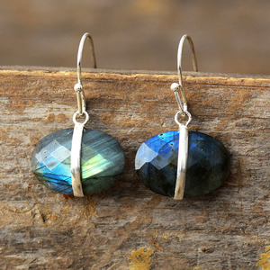 Boucles d'oreilles pendantes en labradorite, monture en argent tibétain, forme goutte d'eau, bijoux fantaisie, cadeau - Product Image 1