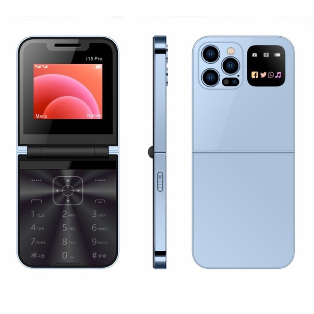 I15 Pro Mini Fold MobilePhone 2G GSM Dual SIM Card Speed Dial Video Player Magic Voice 3.5mm Jack FM Small Flip Cellphone Device