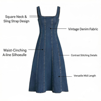 Robe midi en jean délavé vintage pour femme, style décontracté et habillé, avec coutures contrastées et taille cintrée, coupe trapèze, idéale pour l'été