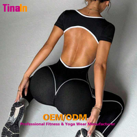 Body sculptant pour femme à manches courtes, décolleté plongeant en V, dos nu avec lignes contrastées, effet push-up fessier, extensible dans les 4 sens, fabrication directe usine, marque privée OEM