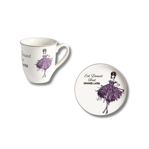 Set Tazza e Piatto da Dessert 22 Cm Ballerina Abito Viola Mangia Prima il Dessert Cena Poi - Product Image 1