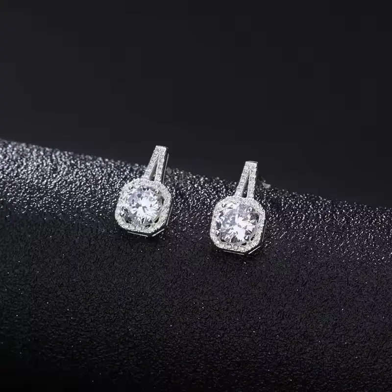 Luxury Bridal Diamond Encrusted Jewelry Set 925 Sterling Silver Square Bling Moissanite Pendant Necklace Earrings Engagement Set