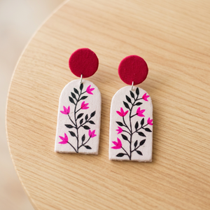Boucles d'oreilles pendantes en toile florale rose vintage pour femmes, style bohème, avec cercle rouge - Product Image 3