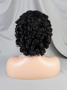 Frauen 100% Echthaar Kurze Bob Perücke Hüpfburg Lose Locken Mit Pony <span class=keywords><strong>Pixie</strong></span> Cut Perücke Natürliche Schwarze Maschine Made Glueless Put On Perücke - Product Image 4