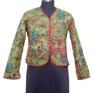 100% Cotton Eco-Friendly Printed Knitted Reversible <b>Quilted</b> Short <b>Jacket</b> Women's Front Open Kimono Stripe Piping Autumn/Winter - Product Image 1