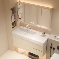 Nouveauté 2022 : Ensemble de meuble-lavabo de salle de bain moderne en bois massif et contreplaqué, avec plateau en pierre crème, vasque monobloc en céramique et éclairage LED tactile