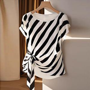 Camiseta <span class=keywords><strong>de</strong></span> Verano para Mujer, Estilo Casual, Elegante, <span class=keywords><strong>de</strong></span> Manga Corta, Cuello Redondo, con Tirantes, Rayas y Cordones - Product Image 1