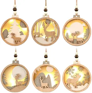 LED Christmas Farmhouse Rustic Ornaments Set For Christmas Tree Decorations Hanging Glitter Reindeer Wood Tree Ornaments