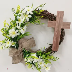Easter Swags Hanging Decor Artificial White Gardenia Cross Bow Rattan Ring Wreath for Wedding Front Door for Party Decorations
