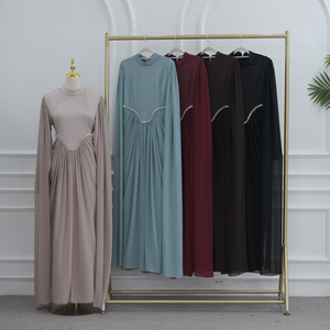 Elegante Abaya de Estilo Musulmán Modesto para Mujer, Vestido Largo Formal de Chifón con Cintura Adornada con Cuentas y Mangas Tipo Capa, Ideal para Bodas y Fiestas de Primavera - Product Image 4