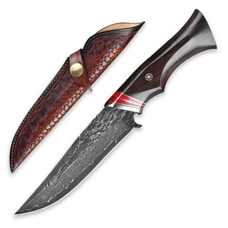 High Quality 89 Layers VG10 Damascus Steel with Red Color Camel Bone SS304 Bolster Ebony Wood Handle Hunting Knife