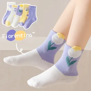 Fabricante de calcetines de algodón para niños, divertido patrón de lazo de flor púrpura, calcetín creativo para niñas, novedad para niños para regalos