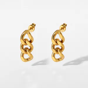 Simple Stainless Steel Women Jewelry 18K Gold Plated Geometric Curb Dangle Link Chain Drop Stud Earrings