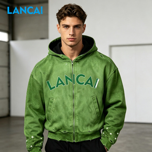 Sweat à capuche zippé pour hommes, personnalisé par les fabricants, style streetwear oversize, délavé à l'acide, effet vieilli, avec strass - Product Image 2