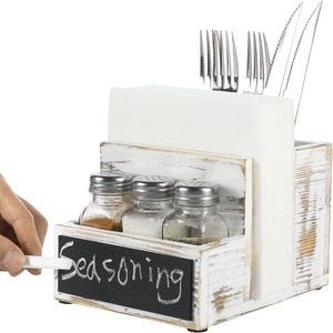 Wooden Condiment And Cutlery Storage Box With Napkin Holder <b>White</b> Distressed Seasoning <b>Rack</b> For Kitchen Desktop Use - Product Image 3