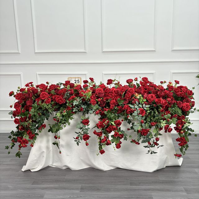 DKB Factory Wholesale Romantic Red Rose and Plant Decoration 200cm Artificial Flowers Runner for Wedding Decoration