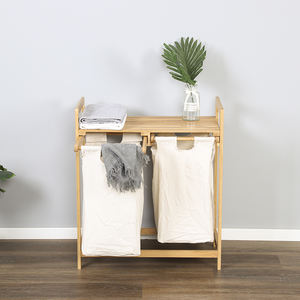 ตะกร้าซักผ้าแบบสองชั้นพร้อมชั้นวางถังเก็บไม้ที่ถอดออกได้2ส่วนตะกร้าไม้ไผ่พร้อมที่จับ - Product Image 4