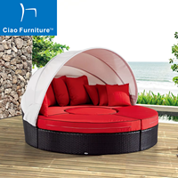 Sofá Cama Redondo de Ratán para Exteriores, Multifuncional, para Jardín, Villa, Piscina, con Toldo Retráctil