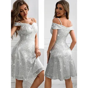 Trắng sequin ăn mặc pronm dây đeo ăn mặc kleid Robe de soiree Chic non DOS NU Vestido de Fiesta de lentejuelas