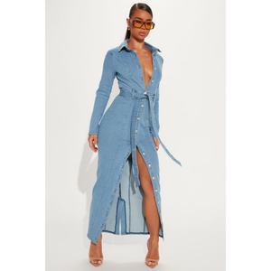 Women's Shirt Style Single <b>Breasted</b> Lace up Midi Denim Long Dress - Product Image 1