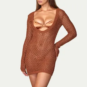 Bronze Diamond Brown Summer See Through Beading Hollow Out Long Sleeve Mesh Beach Crochet Dress