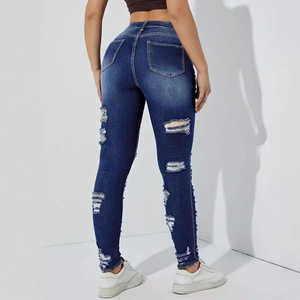 Jeans Ajustados Elásticos con Rasgaduras, Azul Oscuro, Cintura Alta, Pantalones de Mezclilla para Mujer, Comercio Electrónico Transfronterizo Europa América - Product Image 3
