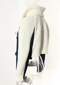 Odoodem Autumn Winter New Deconstructed Patchwork Sweater Knitted Jacket Denim Splice Diagonal Zipper Women's Coat