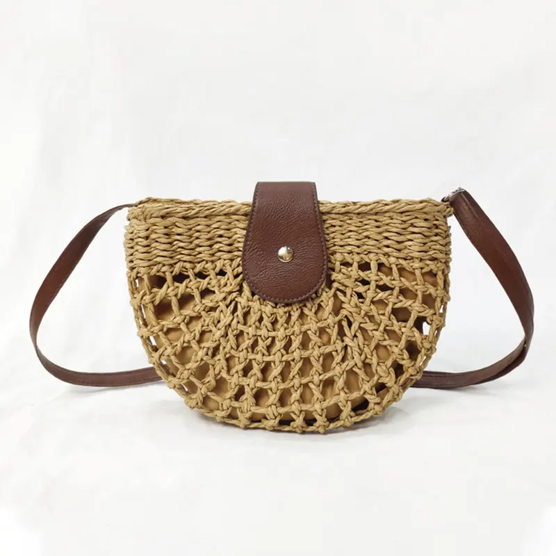 2023 Summer Trending Women's Designer Handbag Solid Color Rattan Shoulder Bag Zipper Strap Hollow Half Beach Wallet Weave Bag