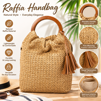 Sac seau en paille tressé avec anse supérieure en bois, décorations à pompons et cordon de serrage, sac à main pour femme, idéal pour l'été, la plage, les loisirs et le quotidien