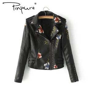R50704S Hot sale Studded embroidery motorcycle PU leather jacket female leather jacket
