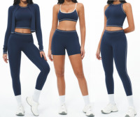 Ensemble de 5 pièces de vêtements de sport pour femme, bleu profond, comprenant veste de yoga, brassière, débardeur, pantalon de jogging et short cycliste, pour la gym et le fitness, collection premium