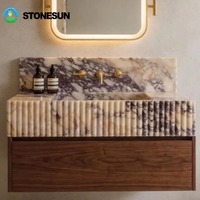 Vasque murale flottante en marbre naturel StoneSun Calacatta Viola, rainurée, faite à la main, pour salle de bain de villa
