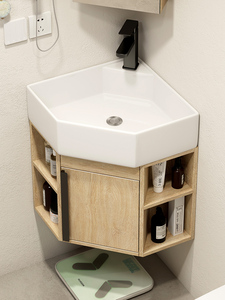 Ensemble de meuble-lavabo intégré moderne, étanche, en bois naturel, avec miroir intelligent mural, pour petits appartements, salle de bain triangulaire, hôtel - Product Image 5