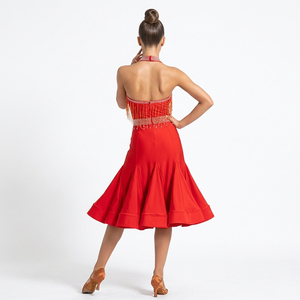 ชุดแข่งขันลาติน WDSF สำหรับสุภาพสตรี แบบคอเสื้อผูกหลังประดับมุกและพู่ห้อย สำหรับเต้นซัลซ่าและรัมบา - Product Image 2