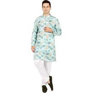 <b>Men</b> <b>Kurta</b> Pajama Set Cotton Digital Print Ethnic Indian Traditional Wear Diwali Occasion Wrinkle Free White Pants - Product Image 1
