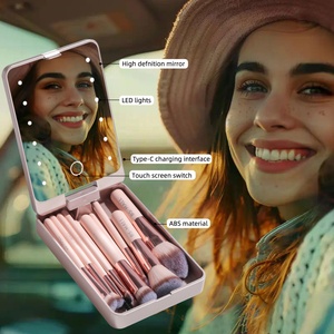 Ensemble de pinceaux de maquillage portables BS-MALL pour les voyages, 14 pièces, rose, logo personnalisé, pinceaux de maquillage vegan avec miroir LED et boîte - Product Image 2