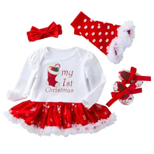 Hiver Nouveau Style Vêtements Bébé Manches Longues 0-2 Ans Bébé Noël Cartoon 4 Piece Set Infant Rompers Skirt Headband Shoes