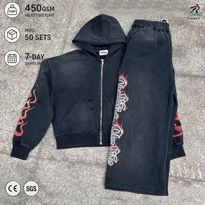 ชุดฮู้ดดี้ผู้ชาย RAMAX ผ้าฝ้าย 450GSM เสื้อซิปและกางเกงขายาว สตรีทแวร์ ลายพิมพ์เปลวไฟ ทรงปกติ ใส่ได้ในฤดูใบไม้ร่วง - Product Image 1