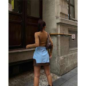 Short <b>Brown</b> <b>Denim</b> <b>Skirt</b> Vintage Asymmetric Design Button Closure Leather Trim for Casual Formal Wear for Summer Autumn Seasons - Product Image 1