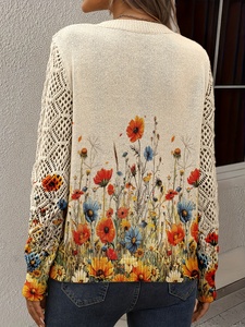 Maglione da Donna in Maglia Traspirante con Motivo Floreale Papavero, Collo a V, Inserti in Rete Pointelle, Top Patchwork, 100% Poliestere, Stampa Digitale Fiori Selvatici, Collezione Primavera 2026 - Product Image 3
