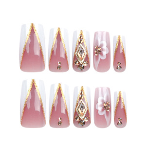 Design JP2934 Golden Glitter V en forme de français <span class=keywords><strong>blanc</strong></span> bordure fleur strass Nail Art 24pcs ABS Press on Nails - Product Image 5