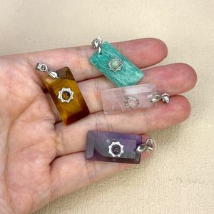 Pendentif artisanal en pierres précieuses de forme rectangulaire, œil de tigre naturel, améthyste, lapis-lazuli, avec breloque fleur, pour collier DIY - Product Image 6