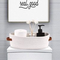 Panier de rangement ovale en corde de coton tressée pour salle de bain avec poignées en cuir, organiseur multi-usages pour articles de toilette