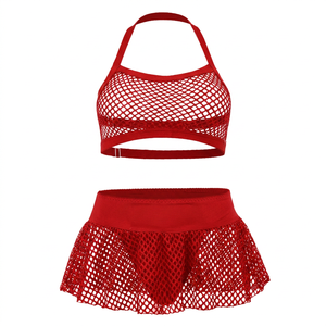 Conjunto de lencería de malla de dos piezas para mujer, talla grande, con sujetador halter hueco y falda con volantes, con diseño de red y detalles de aguja - Product Image 4