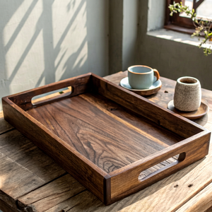 Bandeja de Servir de Madera Tallada a Mano Estilo Art Deco, Bandeja Redonda Decorativa de Madera Sólida con Acabado Natural para Mesa de Café, Decoración del Hogar - Product Image 1