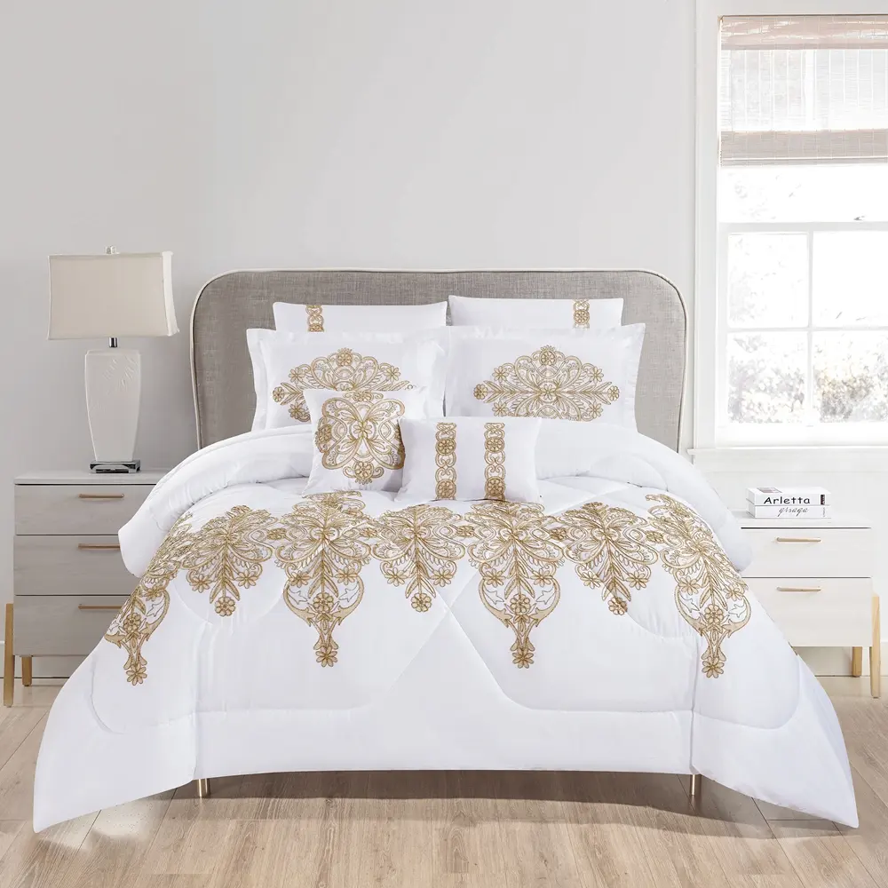 King size bedding sets 100% polyester fiber luxury comforter Custom embroidery bed comforter sets king size luxury bedding