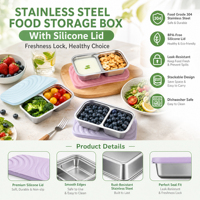 Nouvelle boîte de rangement alimentaire minimaliste moderne en acier inoxydable 304, compatible micro-ondes, avec compartiments et couvercle en silicone, pour l'export.
